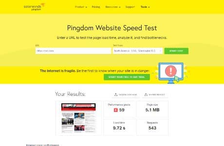 Pingdom test page results