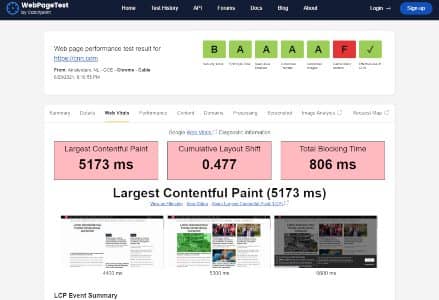 webpagetest Web Vitals screenshot