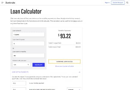 Bankrate's loan calculator web screenshot