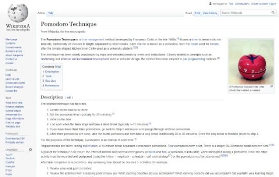 Screenshot Wikipedia Pomodoro Technique